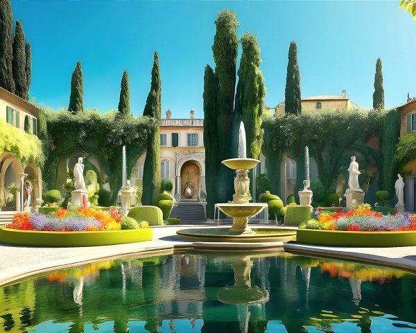 Serene Courtyard with Lush Greenery and Fountain