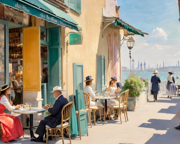 Coastal Café Scene with Patrons and City Skyline