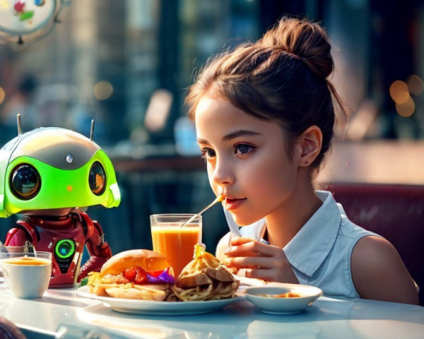 Futuristic Café Scene with Girl and Friendly Robot