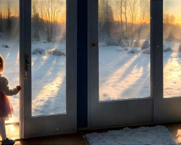 Child Observing a Winter Scene at Sunset