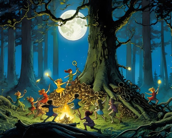 Children Celebrating in a Mystical Moonlit Forest