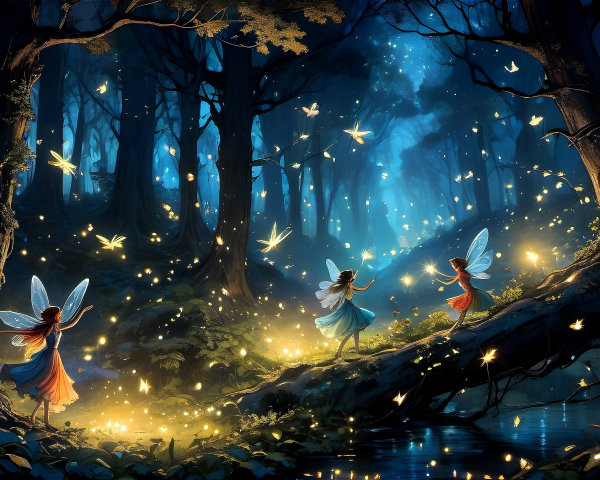 Fairies Dancing in a Moonlit Mystical Forest Scene