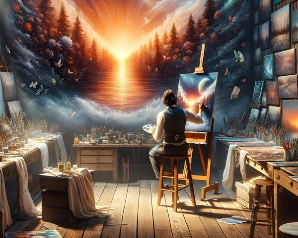 Artist Painting Sunset Over Serene Lake in Studio