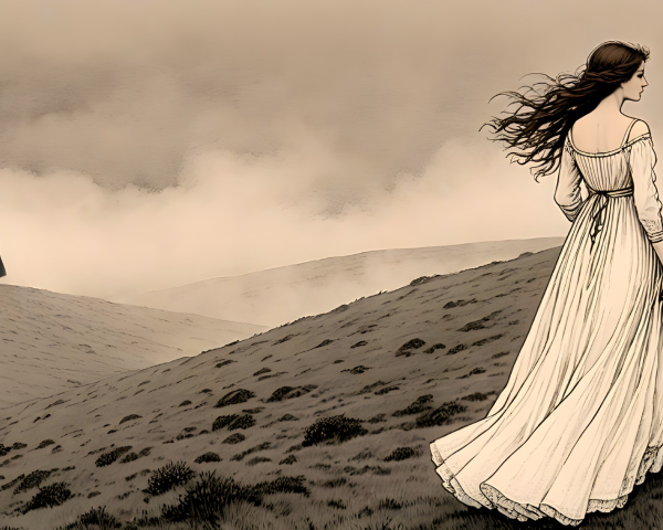Misty Landscape with Young Woman in White Dress