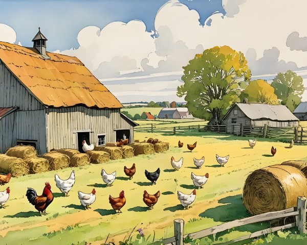Rustic Farm Scene with Barns and Chickens in Pasture