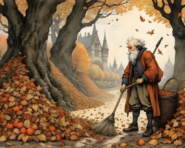 Elderly Man Sweeping Autumn Leaves Near Mansion