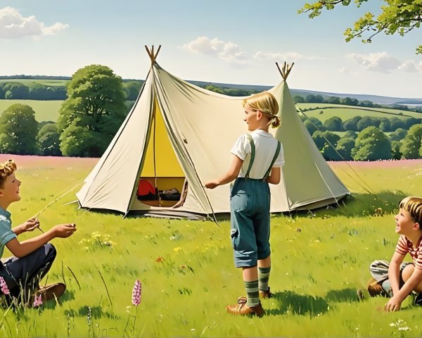 Children Playing in a Sunny Meadow with Tent