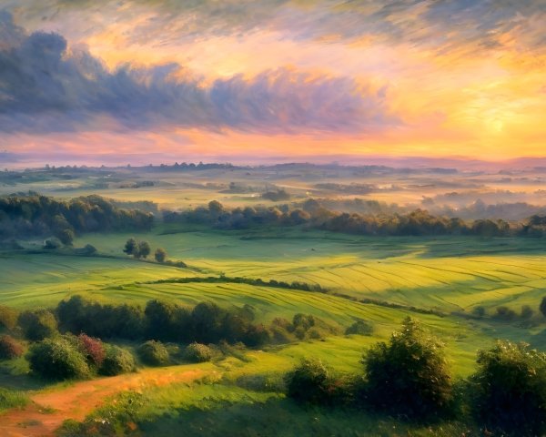 Dawn Landscape with Rolling Green Hills and Colorful Sky