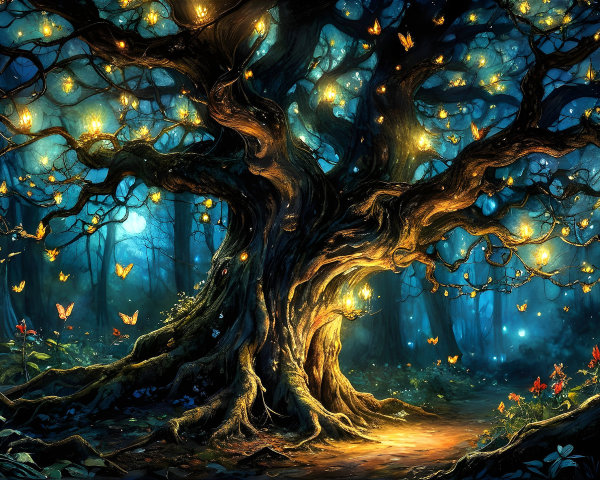 Ancient Tree with Golden Lights in a Mystical Forest