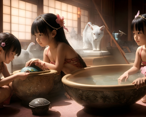 Young girls playing in a serene, warmly lit room
