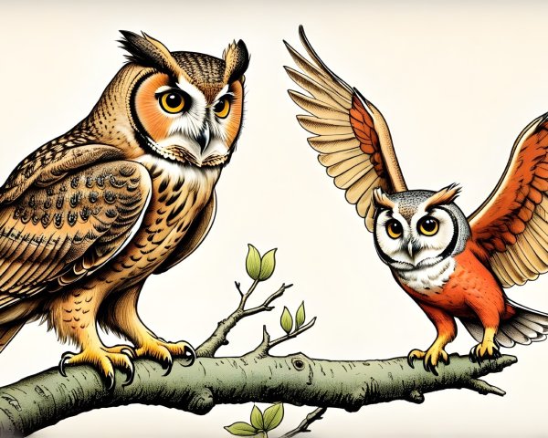 Owls Perched on Branch with Detailed Plumage Features