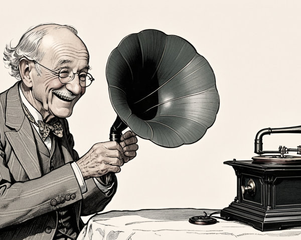 Elderly Man Enjoys Music from Antique Gramophone