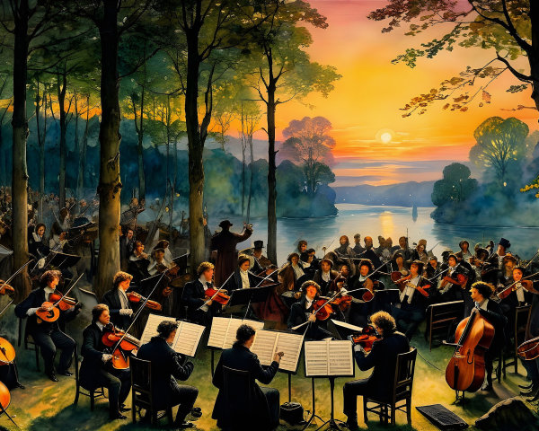 Orchestral Performance in a Forest at Sunset
