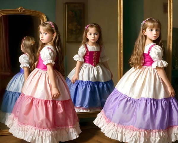 Three Girls in Colorful Dresses by Vintage Mirrors