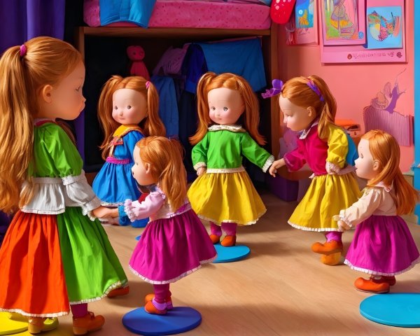 Colorful Dolls Dancing in a Playful Room Setting