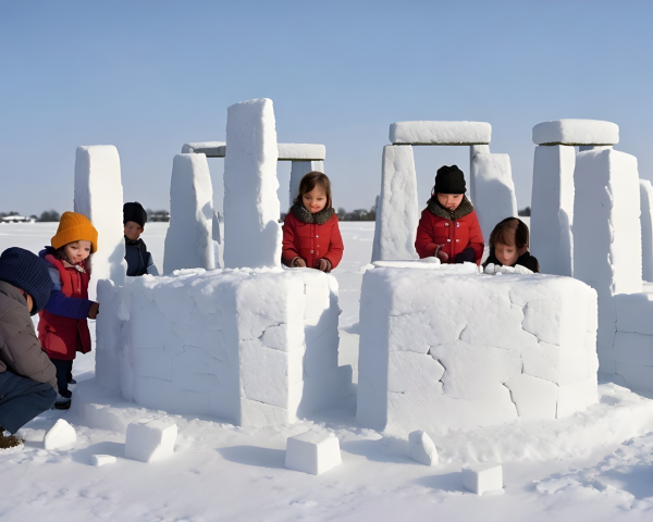 Children Building Snow Structure in Winter Landscape