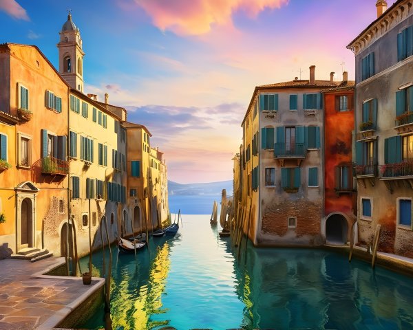 Italian Canal Scene at Sunset with Colorful Buildings