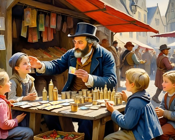 Cheerful Vendor Engaging Children in Lively Marketplace