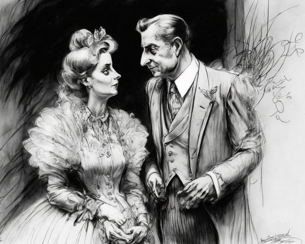 Elegant Black and White Illustration of a Couple