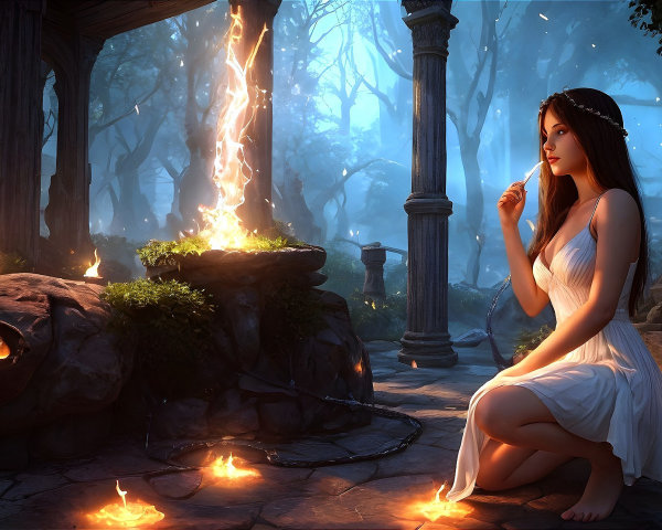 Young Woman in White Dress by Stone Altar in Forest