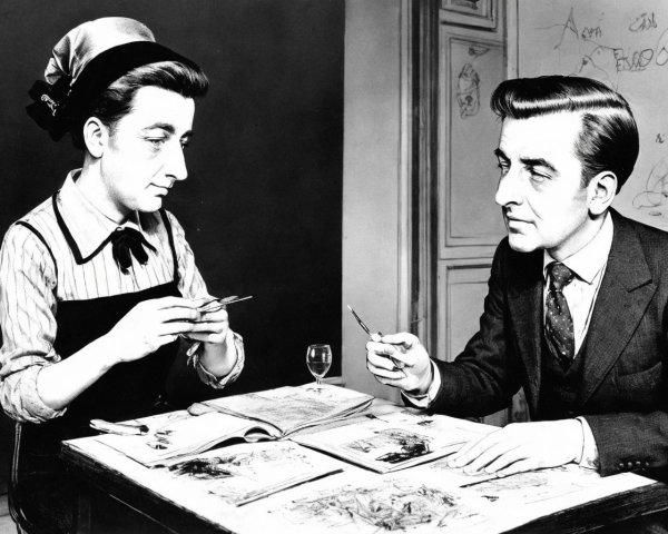 Black-and-white image of a man and woman conversing