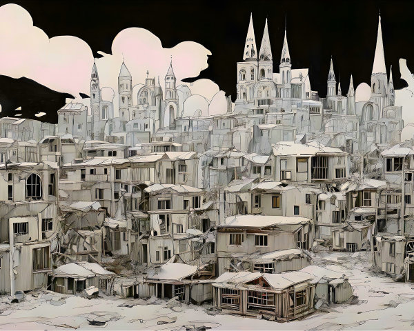 Hand-drawn illustration of a shanty town scene