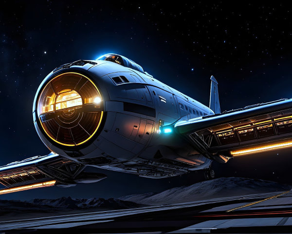 Futuristic spacecraft over lunar landscape with lights