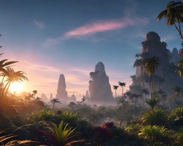 Towering Rock Formations in Vibrant Tropical Landscape