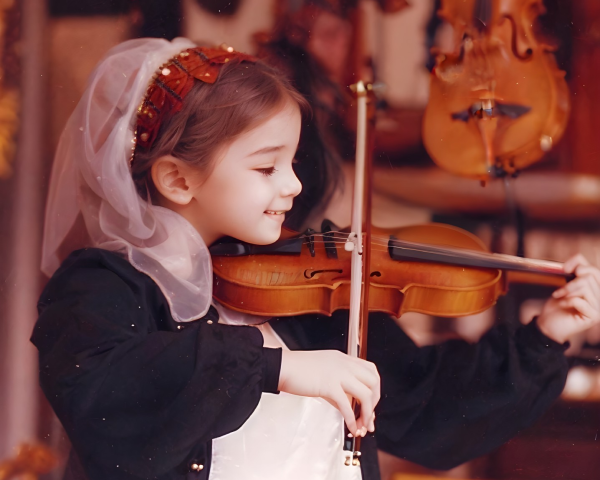 Young Girl in Black and White Outfit Playing Violin