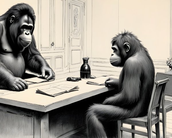 Gorillas in Formal Discussion at Wooden Table