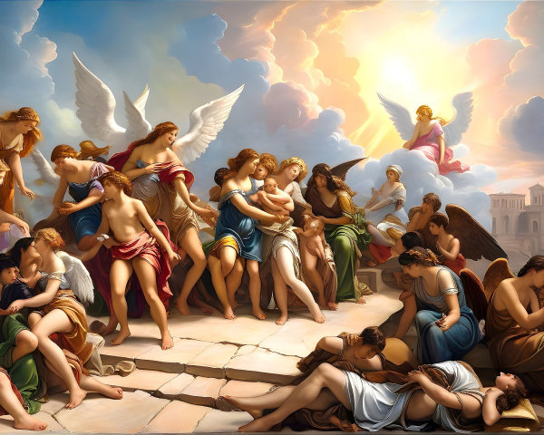 Angelic and Human Connection in a Celestial Scene