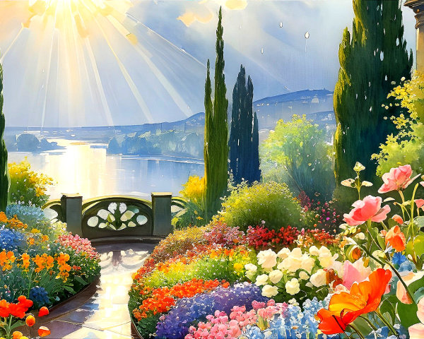 Vibrant Garden with Colorful Flowers and Cypress Trees