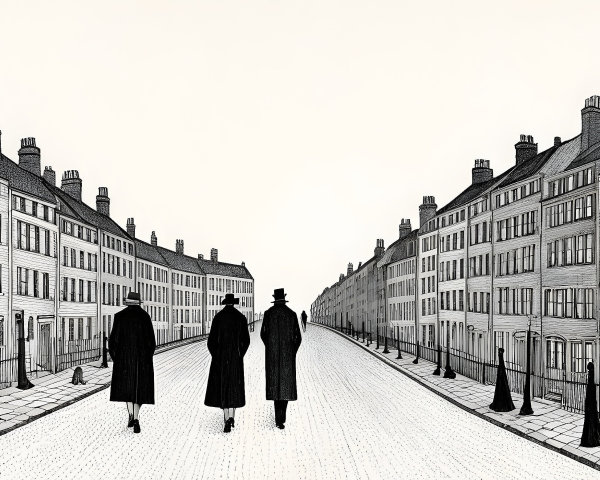 Three Figures Walking on a Monochromatic Street