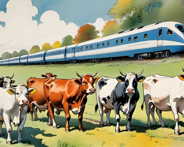 High-Speed Train and Cows in Countryside Scene