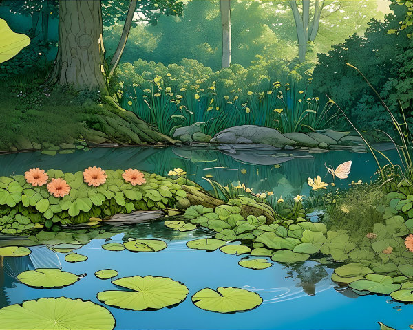 Tranquil Pond Surrounded by Lush Greenery and Flowers