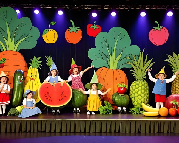 Children in Colorful Fruit and Vegetable Costumes