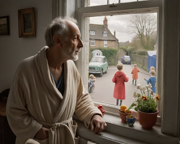 Elderly Man in Bathrobe Observes Children Playing