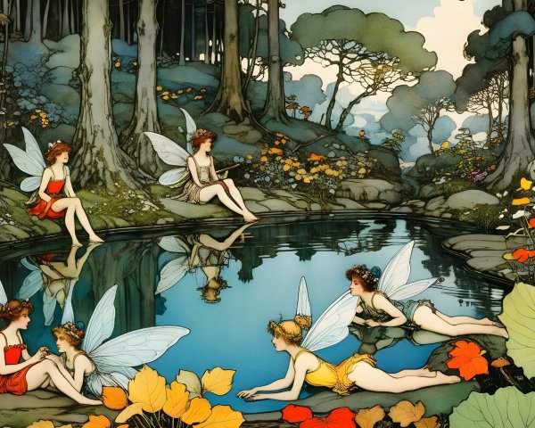 Whimsical Fairies Gather by Serene Forest Pond