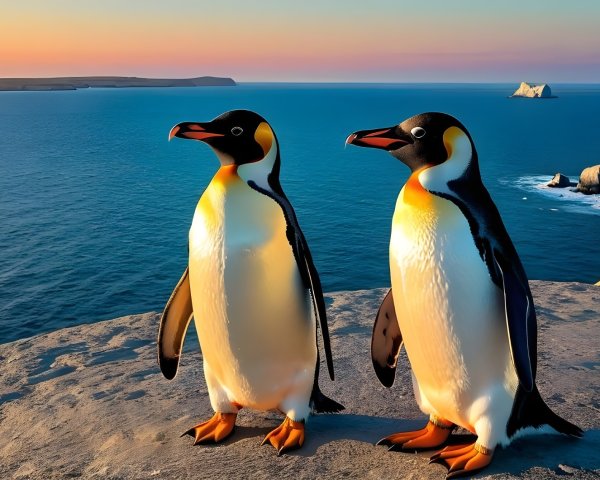 Vibrant Penguins on Rocky Ledge at Sunset Over Ocean