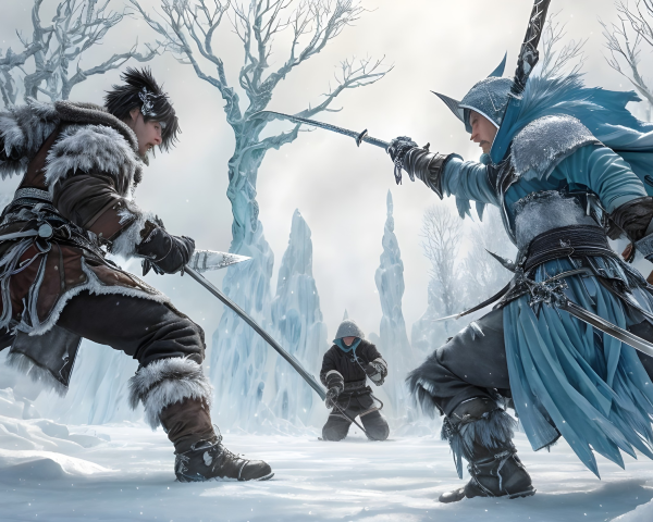 Warriors in Fur and Armor Amidst a Frozen Landscape
