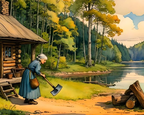 Lakeside Scene with Cabin and Elderly Woman Chopping Wood