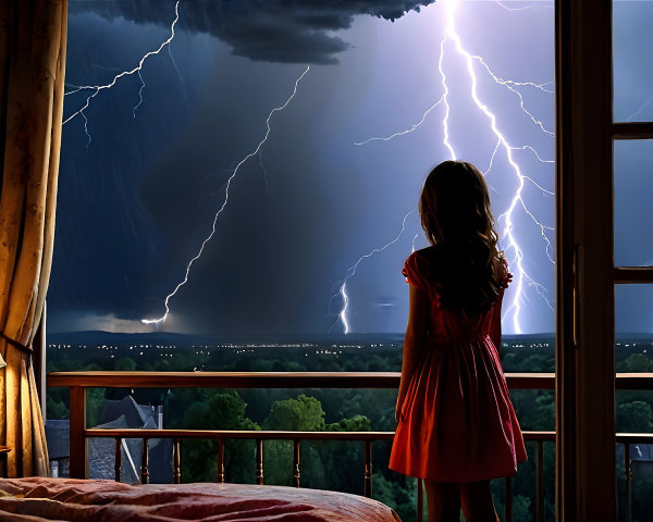 Young girl observes stormy night from dim room