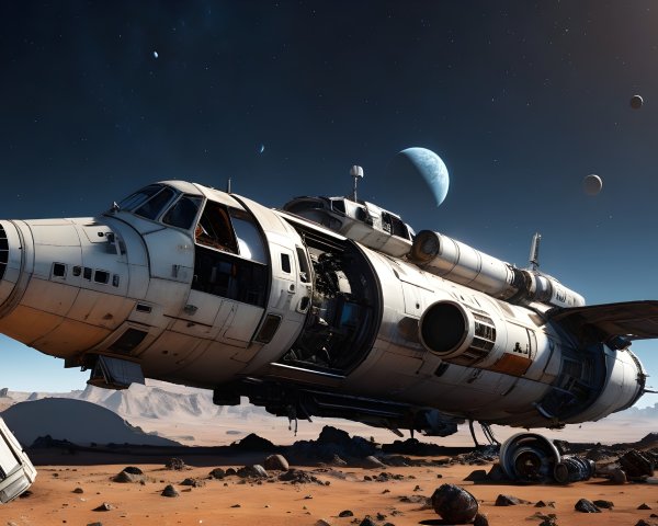 Weathered Spacecraft on Reddish Desert Landscape