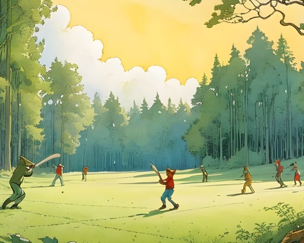 Children Playing Cricket in a Vibrant Forest at Sunset