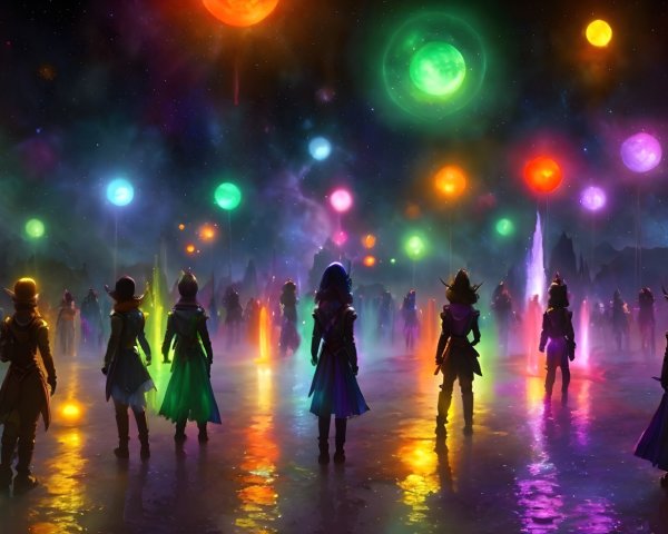 Mystical Landscape with Starry Sky and Glowing Orbs