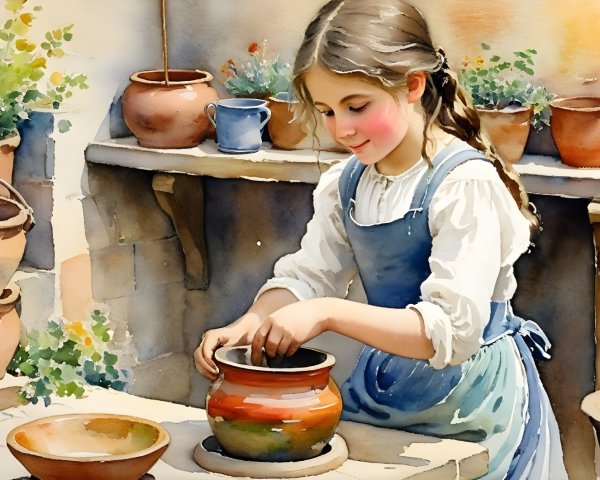 Young Girl Molding Clay in Sunlit Pottery Workshop
