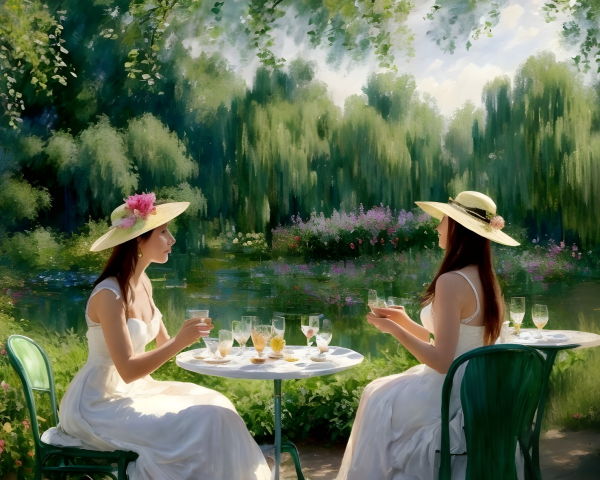Elegant Women in White Dresses in a Garden Setting