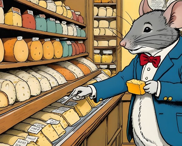 Dapper Mouse in Suit Examines Cheese Selection