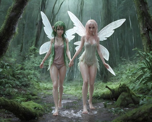 Ethereal Fairies in a Rain-Soaked Forest Setting