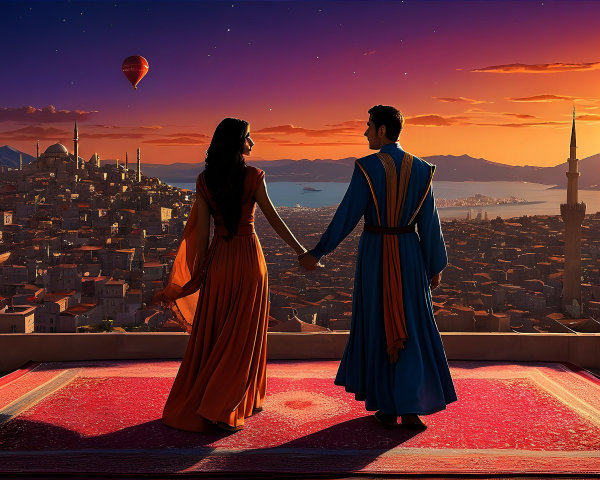 Couple in Historic Attire Overlooks Sunset Cityscape